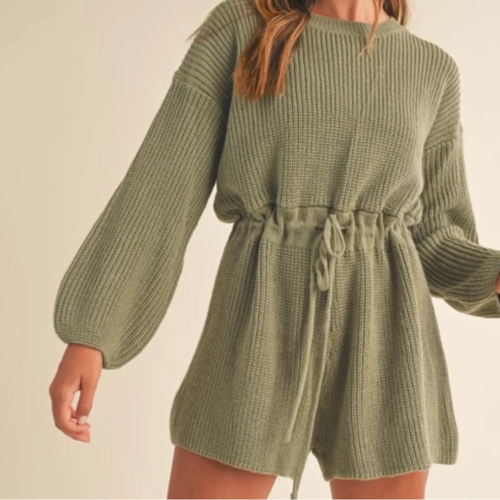 Etiquette Olive Waffle Knit Balloon Sleeve Romper